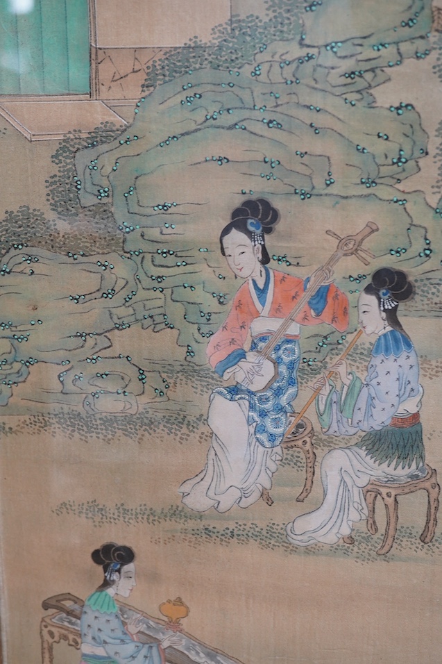 Chinese School, pair of watercolours on silk, Females before landscapes, 80 x 21cm. Condition - fair, some discolouration